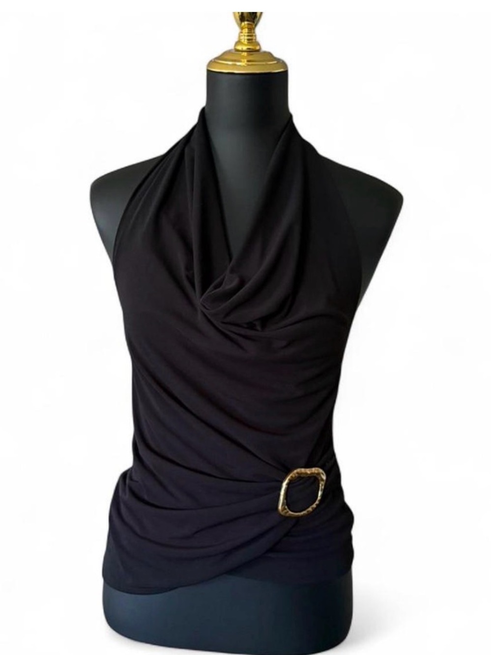 Zara Black Draped Halter Tank with Gold Buckle